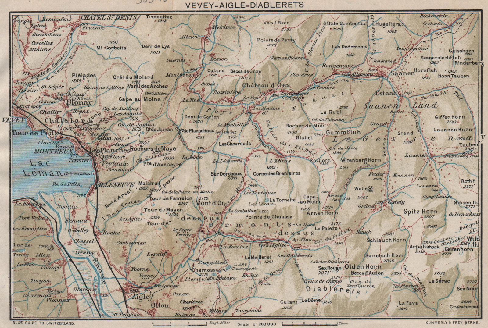 VAVEY-AIGLE-DIABLERETS. Gstaad Château d'Oex Montreux Leysin Les Mosses 1930 map